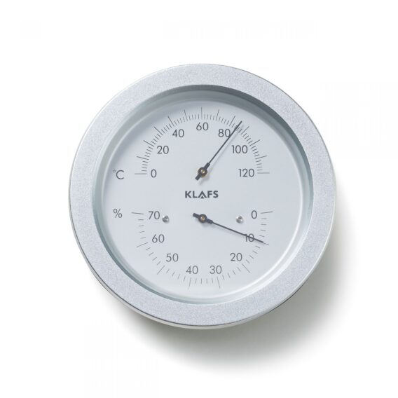 thermomètre 0-120°C hygromètre 0-70% HR pour mesurer et afficher l’humidité relative et la température dans le sauna et le SANARIUM®. Diamètre : 150 mm